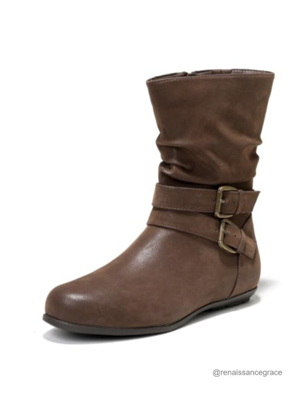 Wide Width Faux Leather Ankle Boots with Side Zipper and Flat Heel